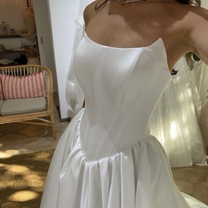 Satin Wedding Dress with Corset Bodice, Basque Waist, A-Line Skirt and Train, Elegant Bridal Gown, Minimalist Strapless Dress