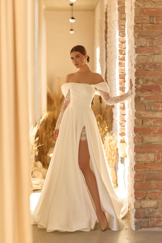 Off Shoulder Satin A-line Bridal Gown With Lace Sleeves, Slit Skirt, Modest  Sexy Ceremony Dress for Courthouse or Elopement Wedding - Etsy
