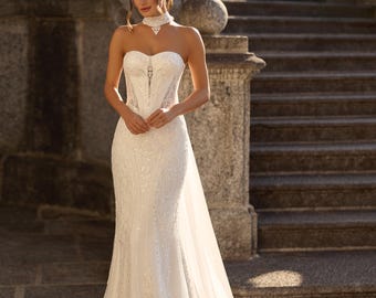 Strapless Lace Wedding Dress Mermaid Bridal Gown With Detachable Cape Elegant Corset Luxury Bride Dress