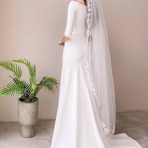 Bridal dress Off-Shoulder Fitted Waist Classic Wedding Dress Long Sleeve Zip Back Crepe Wedding Dress reception dress Second Wedding Dress image 2