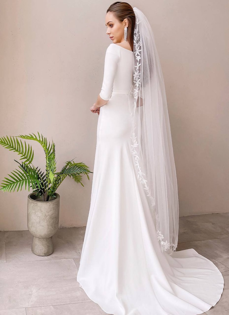 Bridal dress Off-Shoulder Fitted Waist Classic Wedding Dress Long Sleeve Zip Back Crepe Wedding Dress reception dress Second Wedding Dress image 2