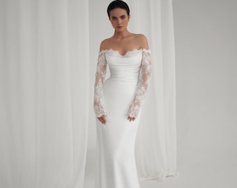 Elegantes Satin-Off-Shoulder-Spitzenärmel-Brautkleid mit Klassischer Corsage & Schleppe. Zartes Hochzeitskleid mit niedrigem Rücken