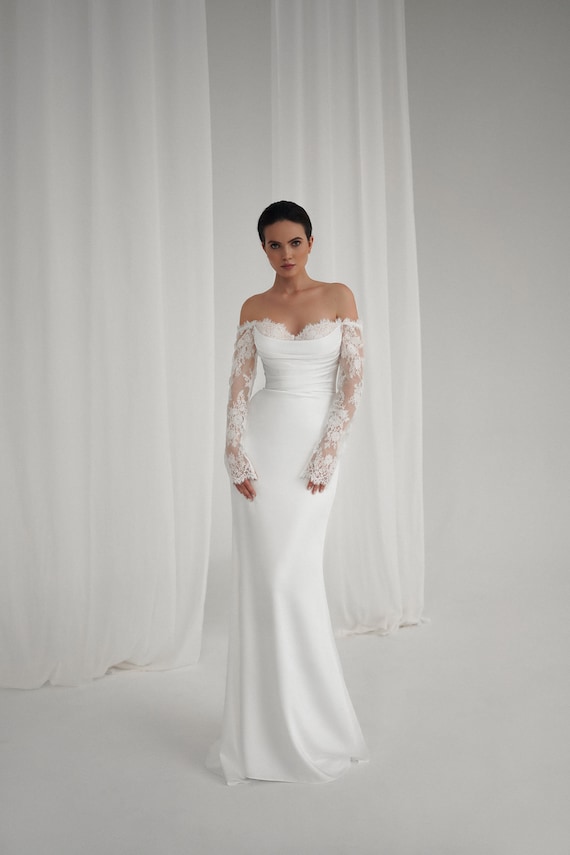 Lace Popular Off Shoulder Long Wedding Dresses, Stylish Lace Wedding Dresses Lace Popular Off Shoulder Long Wedding Dresses, Stylish Lace Wedding Dresses