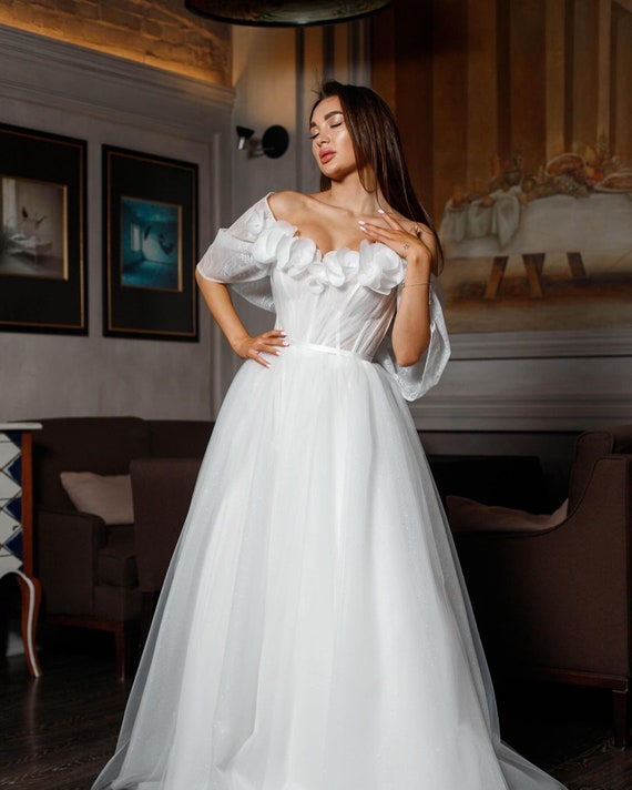 Elegant Wedding Dress | Dress with Glittering Skirt | Wedding Dress with 3D Flowers | Princess Wedding Dress | Off-The-Shoulder Dress