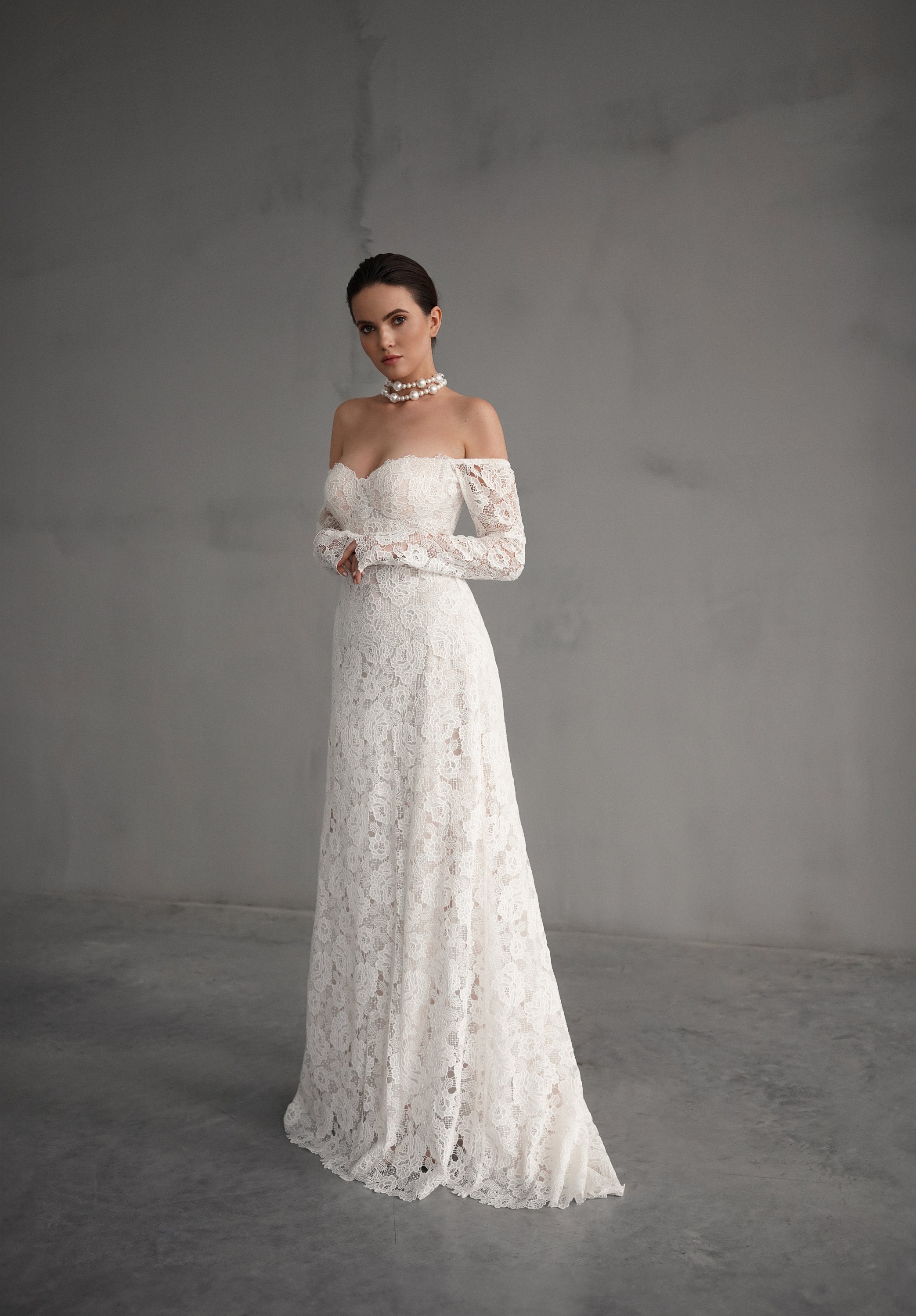 Elegant Off-Shoulder white Bridal Gown with Delicate Lace, Timeless column Wedding Dress with Corset Back and Long lace Sleeves a-line dress