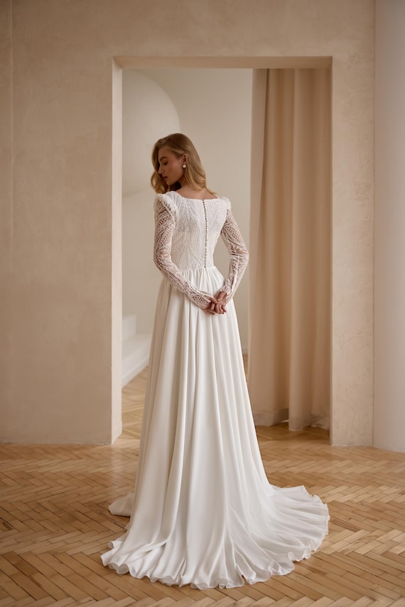 everlane deep v neck a line dress A Line Deep V-Neck Backless Beach Wedding Dress With Appliques WD446 US14 / White