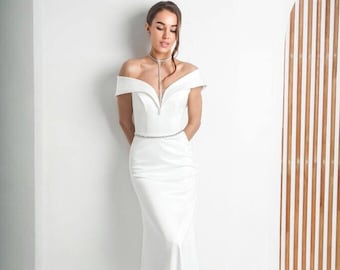 Off-Shoulder Satin Bridal Gown | Elegant Wedding Dress with Train | Modern Minimalist Bridal Satin Gown for Reception & Engagement