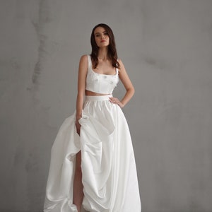 Luxurious Modern Satin Wedding Dress with Beaded Crop Top and High-Slit Skirt, Elegant Bridal Gown Spaghetti Straps and square neckline