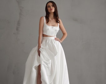 Luxurious Modern Satin Wedding Dress with Beaded Crop Top and High-Slit Skirt, Elegant Bridal Gown Spaghetti Straps and square neckline