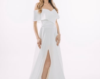 Elegant satin Off-Shoulder White Bridal Gown with Slit, Flowing Train - Perfect for Modern Weddings, Classic A-line wedding dress