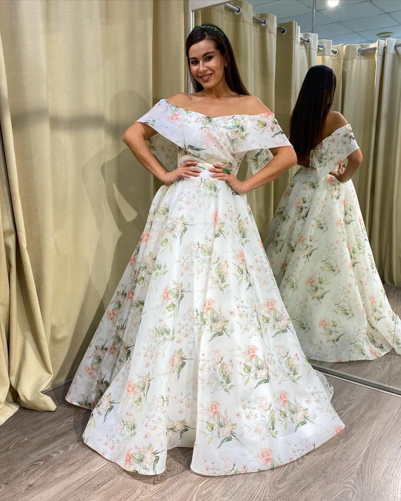 Fairy Floral Wedding Dress off Shoulder A line Organza Bridal Gown With Flowers Beach Wedding Dress. Etsy