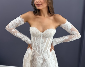 Seductive Lace Wedding Dress with Slit, Off Shoulder Corset Bridal Gown, Chantilly Lace Train Dress, Custom Made for Timeless Elegance