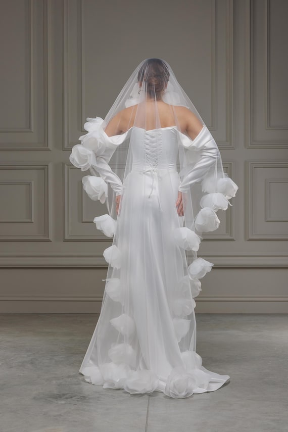 3D Floral Wedding Veil | Soft Tulle Cathedral Veil With  display picture 3