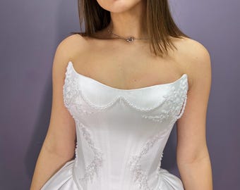 Bridal Corset Top Satin Bustier with Pearls • Wedding Corset Bodice • Strapless Embroidered Bridal Top • Custom Size Bridal Wear
