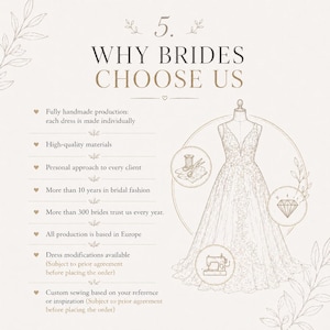 May include: An illustration showcasing a bridal gown on a mannequin, accompanied by text that reads "WHY BRIDES CHOOSE US." The text highlights handmade production, high-quality materials, and custom sewing. The design includes floral accents and icons.