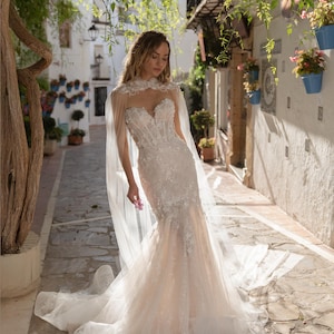 Lace Wedding Dress Mermaid Gown with Corset Bodice, Tulle Cape, Floral Lace, Sexy Off Shoulder Mermaid Bridal Dress