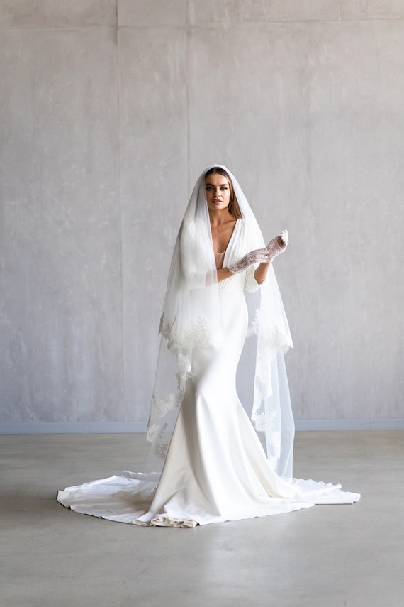 Cathedral Length Tulle Veil With Exquisite Lace Edge  display picture 1