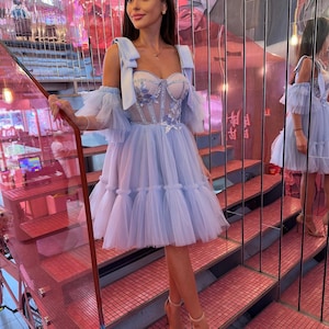 Tulle Evening Gown with Embroidery, Chic Prom Mini Dress, Enchanting Bridesmaid Tulle Attire, Elegant Party Ball Gown. Holiday dress
