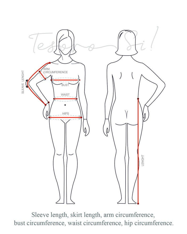 May include: Line drawing of a female figure with measurements marked for sleeve length, skirt length, arm circumference, bust circumference, waist circumference, and hip circumference.