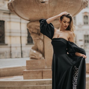 Elegant Black Satin Evening Gown with Lantern Sleeves and Slit Prom Dress, Guest party dress, Formal Ball Gown, graduation dress image 2