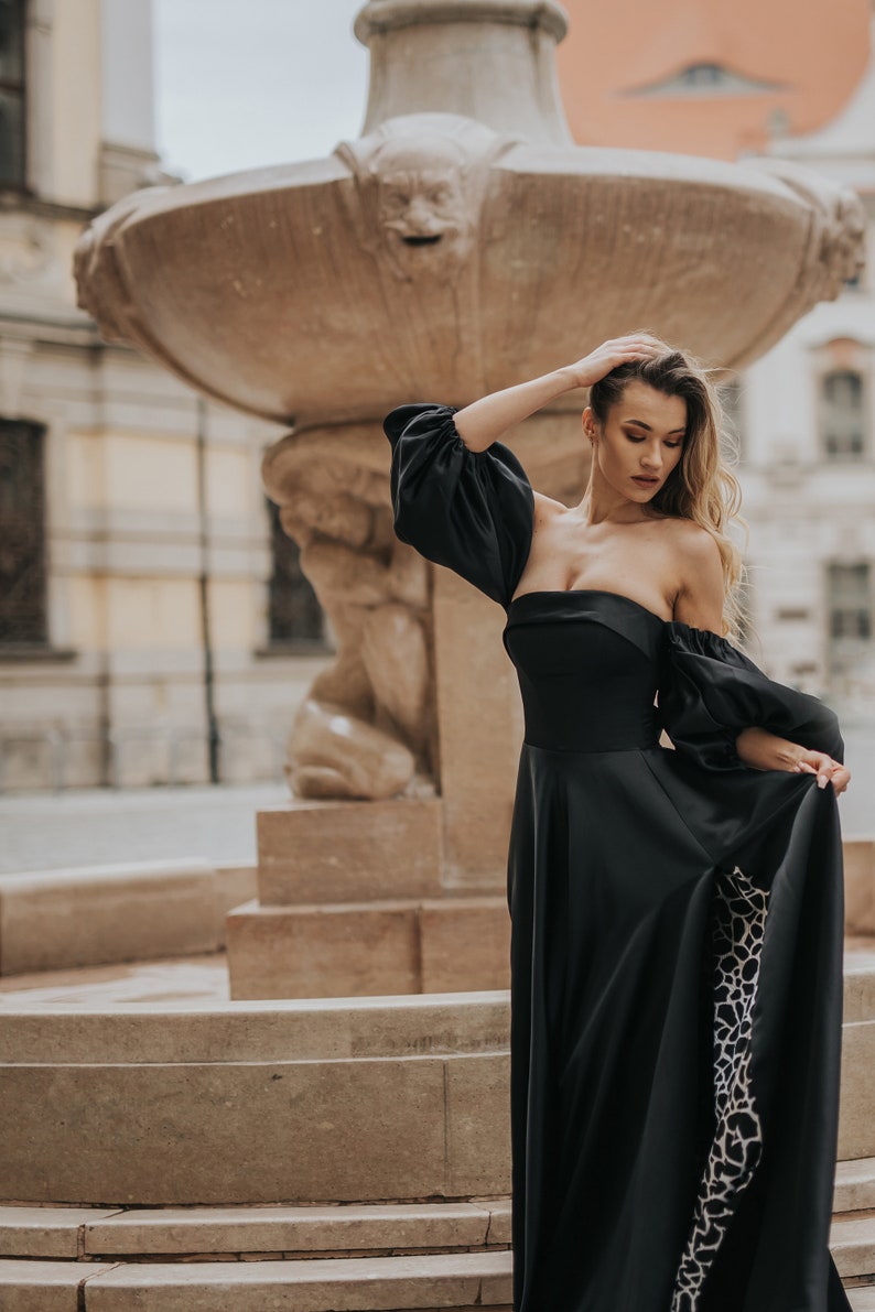 Elegant Black Satin Evening Gown with Lantern Sleeves and Slit Prom Dress, Guest party dress, Formal Ball Gown, graduation dress image 2