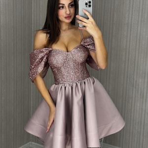 Glitzern Korsett Kleid - Silber Sparkle Kurzes Party Kleid mit Puff Ärmel Sweetheart Ausschnitt Elegante Abschlussball Cocktail-Kleidung Abschlusskleid