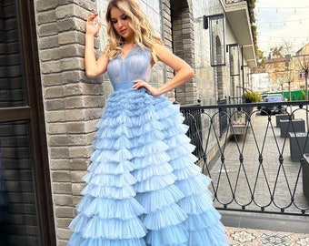 big blue puffy dress Blue Printed Heart Tulle Sheer Puffy Sleeve Prom Dress