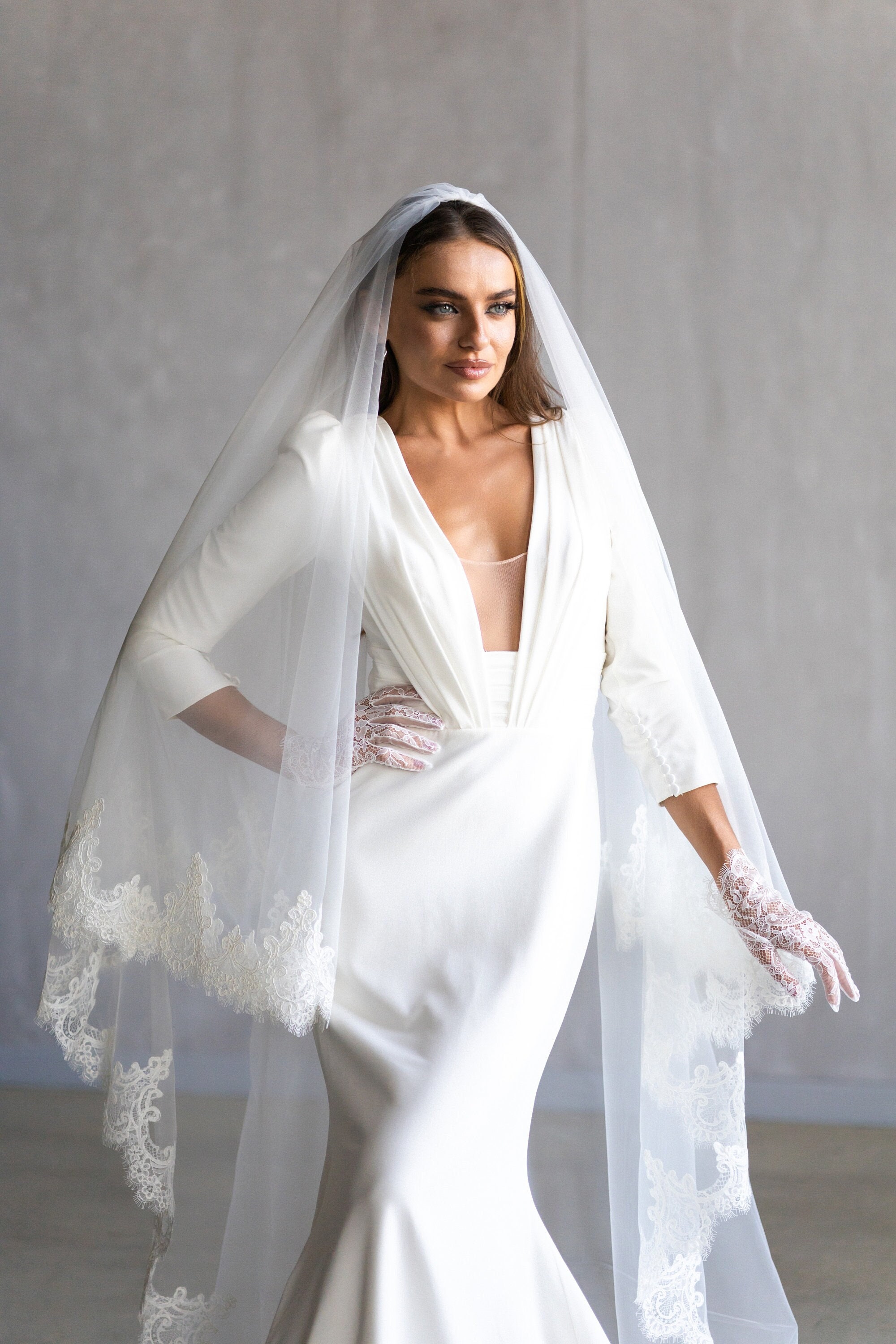 Cathedral Length Tulle Veil With Exquisite Lace Edge  display picture 3