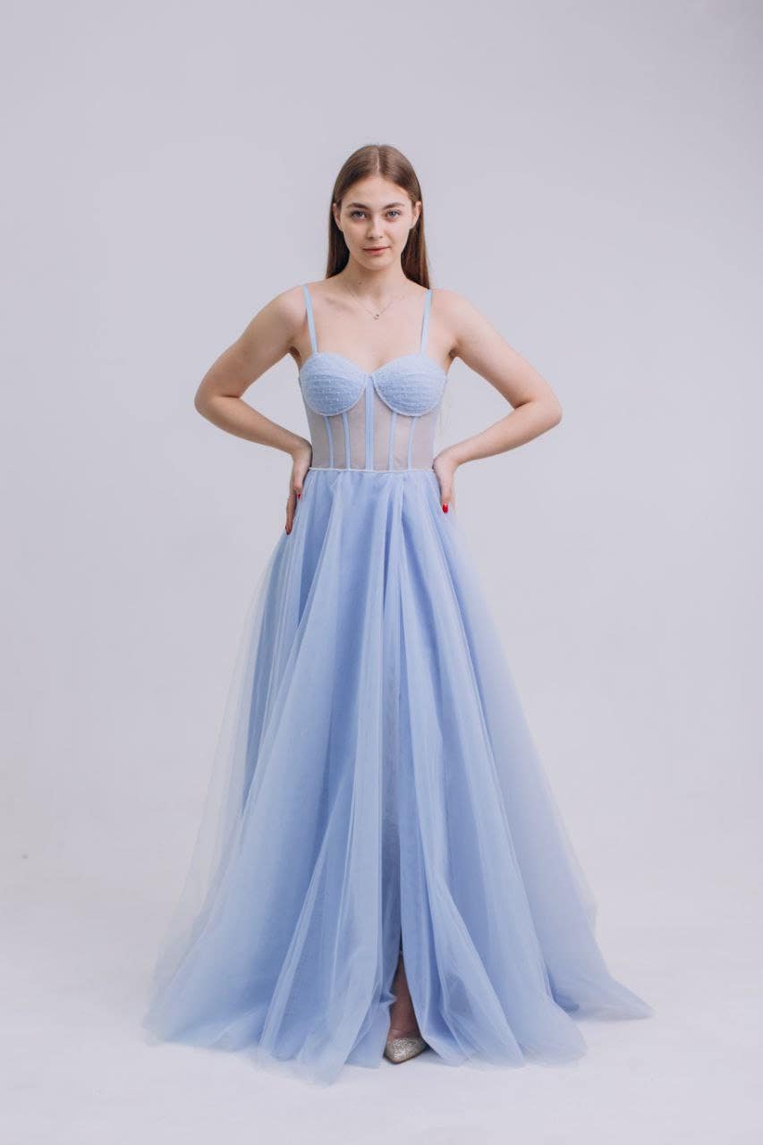 Light Blue Tulle Evening Dress Long Corset Gown for Proms