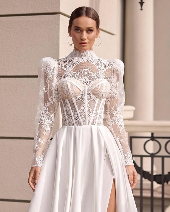 knee length dresses for ladies Ivory Lace Wedding Gown Long Sleeve - Lace Corset Back Wedding Dress with V-Neck