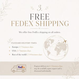 May include: A beige graphic with the text "3. FREE FEDEX SHIPPING". Below, it states "We offer free FedEx shipping on all orders." and "STANDARD DELIVERY TIMES: Europe: 2-7 business days, USA: 2-7 business days, Rest of the world: 2-14 business days."