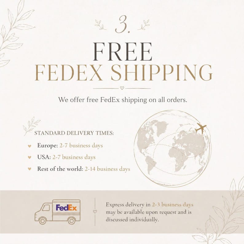May include: A beige graphic with the text "3. FREE FEDEX SHIPPING". Below, it states "We offer free FedEx shipping on all orders." and "STANDARD DELIVERY TIMES: Europe: 2-7 business days, USA: 2-7 business days, Rest of the world: 2-14 business days."