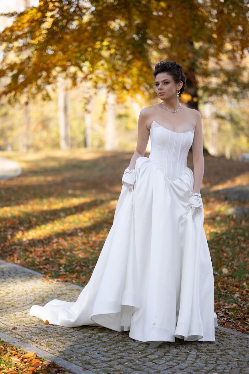 Basque Bolero Sophisticated Satin A-line Bridal Gown With Organza Bolero, Chic Off ...