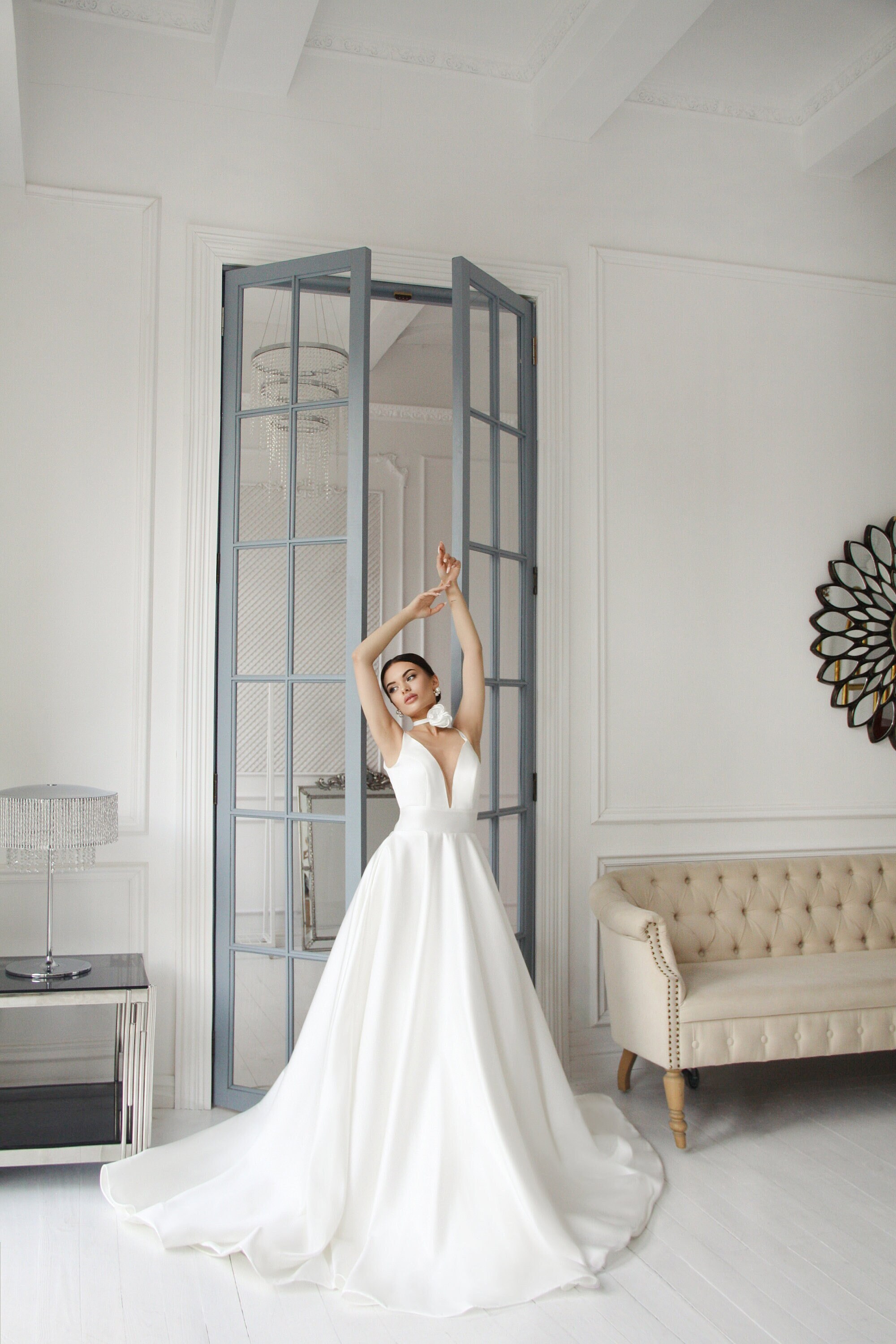 Deep plunge white dress online