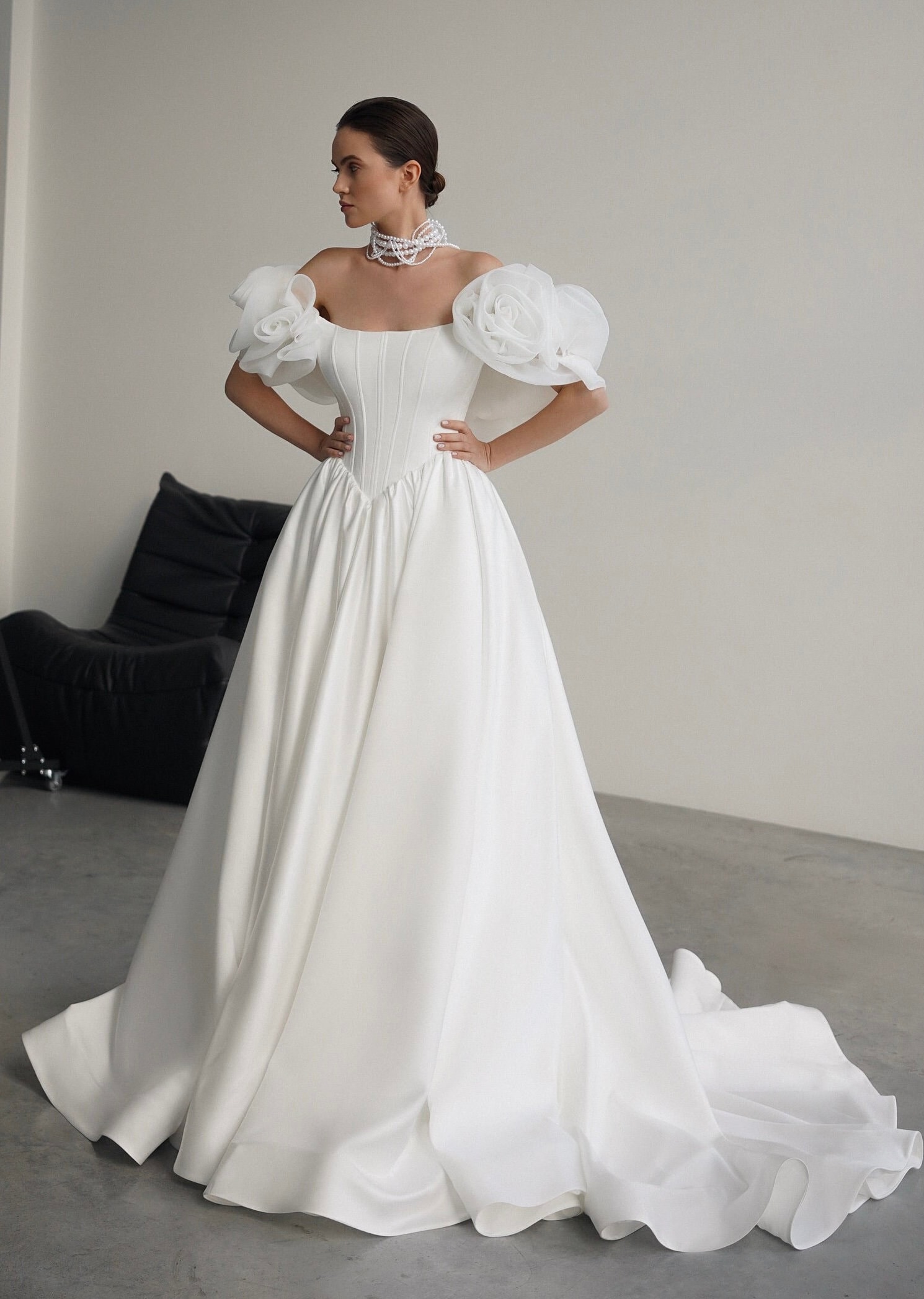 open lace back dress Modern Matte Satin Wedding Dress with Sheer Organza Overlay and Detachable Beaded Jacket main image 0