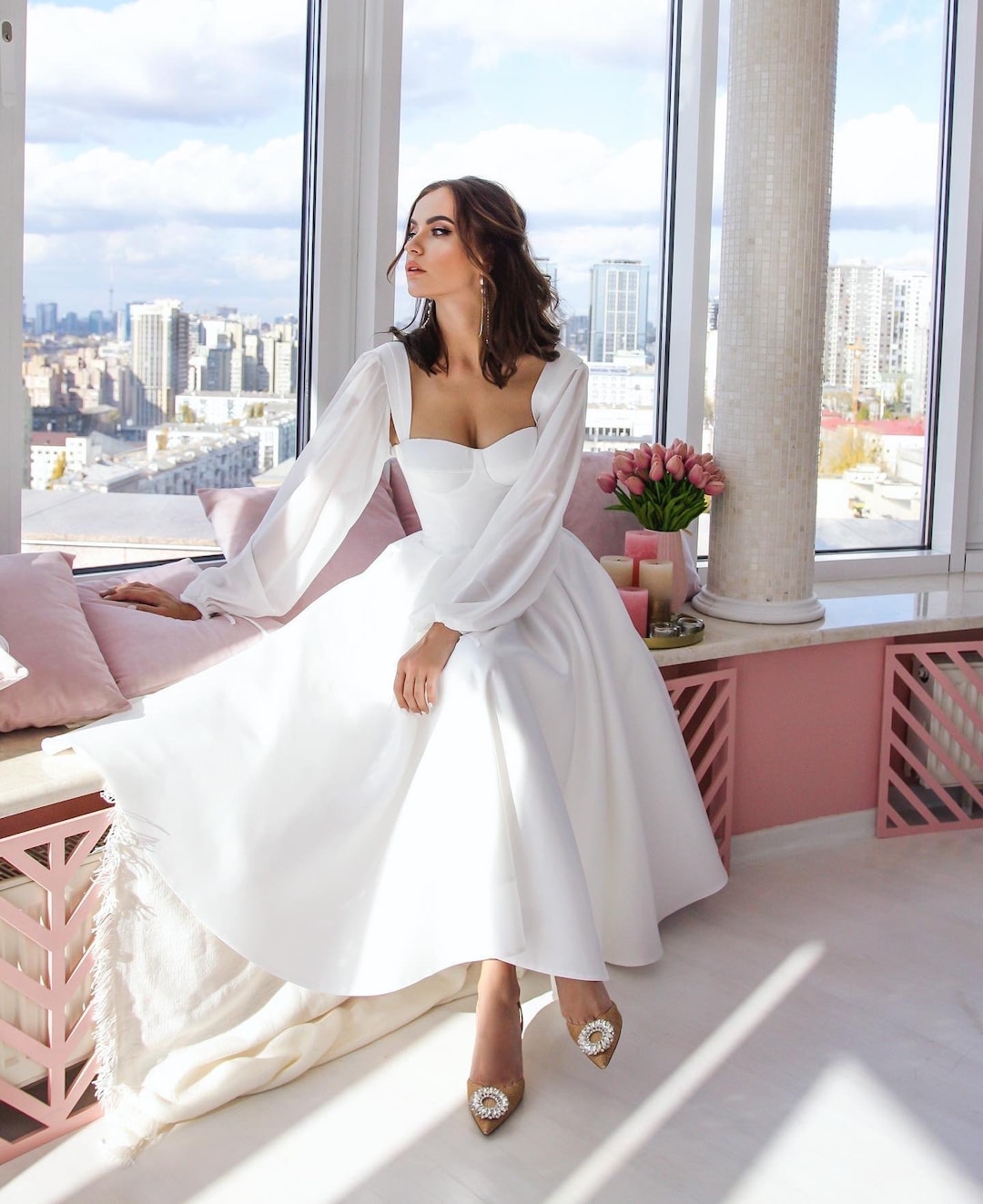 Elegant Short White Bridal Gown – Off-shoulder Sleeves, Classic Satin ...