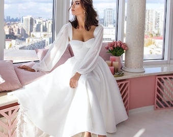 Elegant Short White Bridal Gown  Off-shoulder Sleeves, Classic Satin Dress  Custom Made Wedding Reception Dress Bridal Shower Dress - Etsy