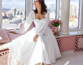 Elegant short White Bridal Gown – Off-Shoulder Sleeves, Classic satin Dress Custom made wedding Reception dress Bridal shower dress