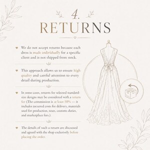 May include: An informational graphic with the word "RETURNS" in a decorative font. A sketch of a wedding dress on a mannequin is to the right. Text explains the return policy for custom-made dresses.