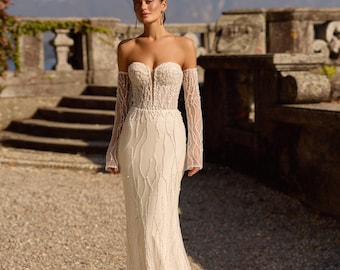 Wedding Dress Strapless Beaded Lace Gown with Long Sleeves Fitted Bridal Dress Elegant Modern Wedding Gown