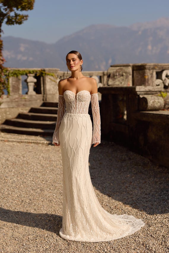 Wedding Dress Strapless Beaded Lace Gown with Long Sleeves Fitted Bridal Dress Elegant Modern Wedding Gown Wedding Dress Strapless Beaded Lace Gown with Long Sleeves Fitted Bridal Dress Elegant Modern Wedding Gown