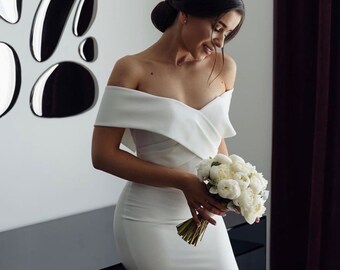 Satin A-Line Wedding Gown - Elegant Off-Shoulder Bridal Dress, Simple Engagement Reception Dress, Classic Elopement Satin Bridal Robe