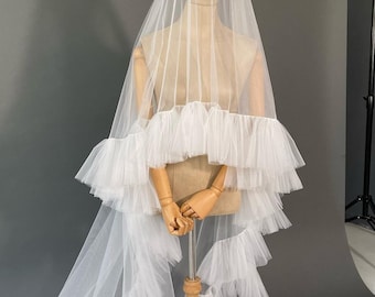 Dramatic Ruffle Edge Cathedral Veil – Soft Tulle, Two- Tier  display picture 1