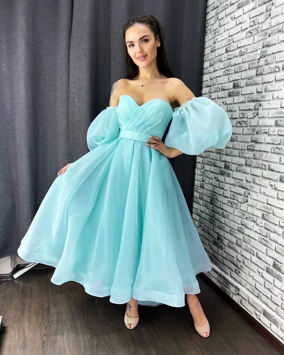 organza bridesmaid dresses Dusty Pink Organza Off The Shoulder Elegant Tea Length Homecoming Dres –  clover sew main image 1