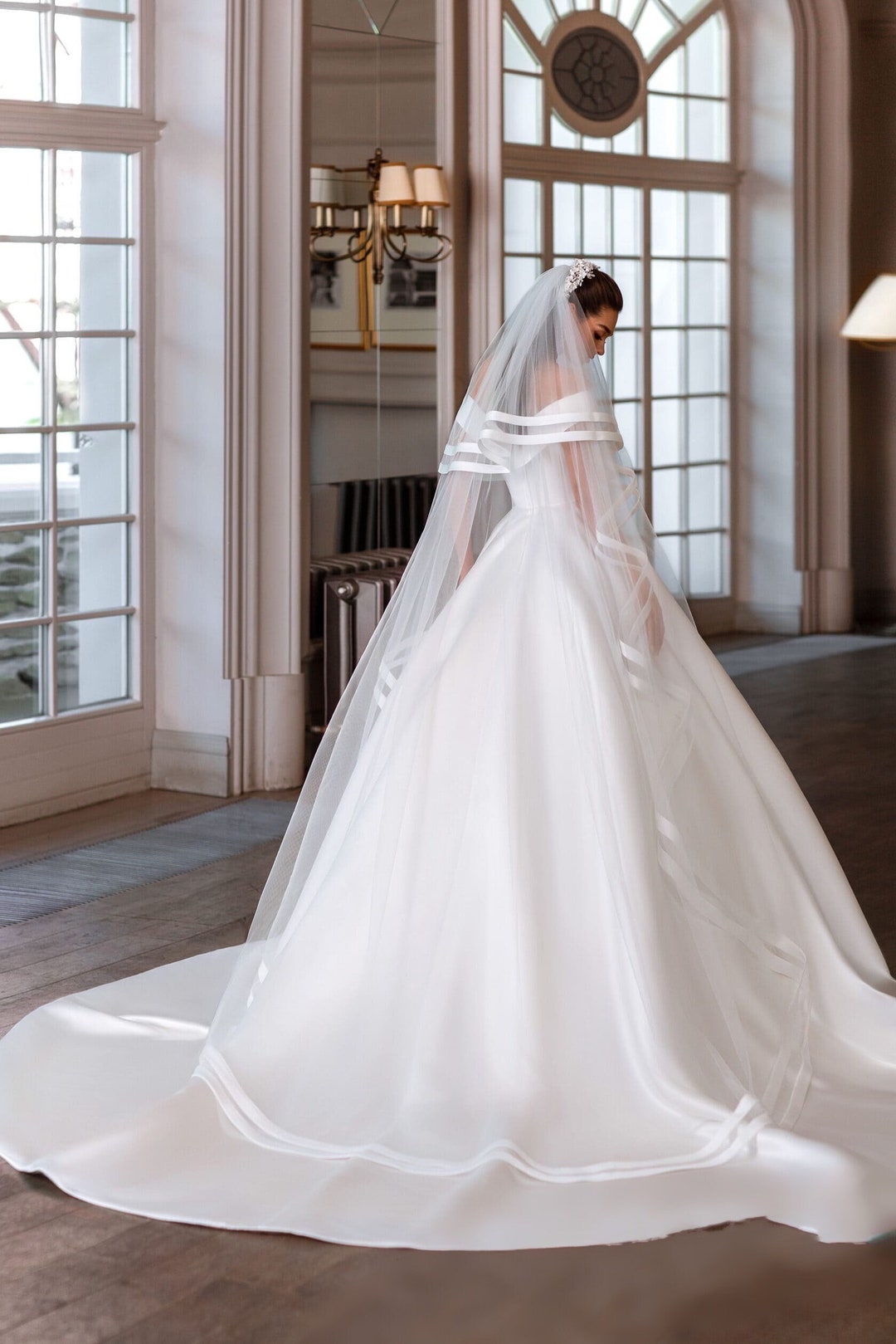 CAMO VEIL TWO layers Satin Ribbon Trimmed Veil