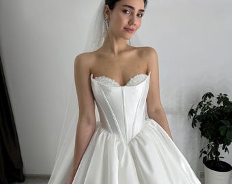 Luxury Mikado Wedding Dress - Basque Corset Ball Gown - Pearl & Crystal Embellished Bodice - Elegant Bridal Couture - Custom Princess Dress