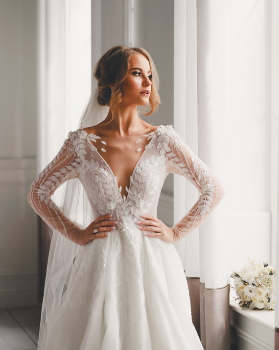 long sleeve lace wedding dress high neck Chic And Romantic High-Neck Long Sleeve Lace Sheath Wedding Dress main image 0