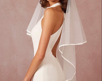 Elegant Satin-Trim Bridal Veil - Classic 150cm Width, High-Quality Tulle, Sophisticated Wedding Accessory two tier veil