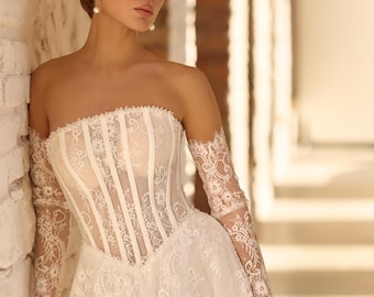 Off Shoulder Lace Wedding Dress with Long Sleeves, Corset Bodice Bridal Gown, A Line Lace Wedding Dress with Train, Elegant Style