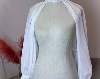 Elegant Bridal Shrug with Detachable Chiffon Sleeves, Sheer Wedding Bolero, Long Sleeve White Bridal Topper, Chiffon bolero, bridal sleeves